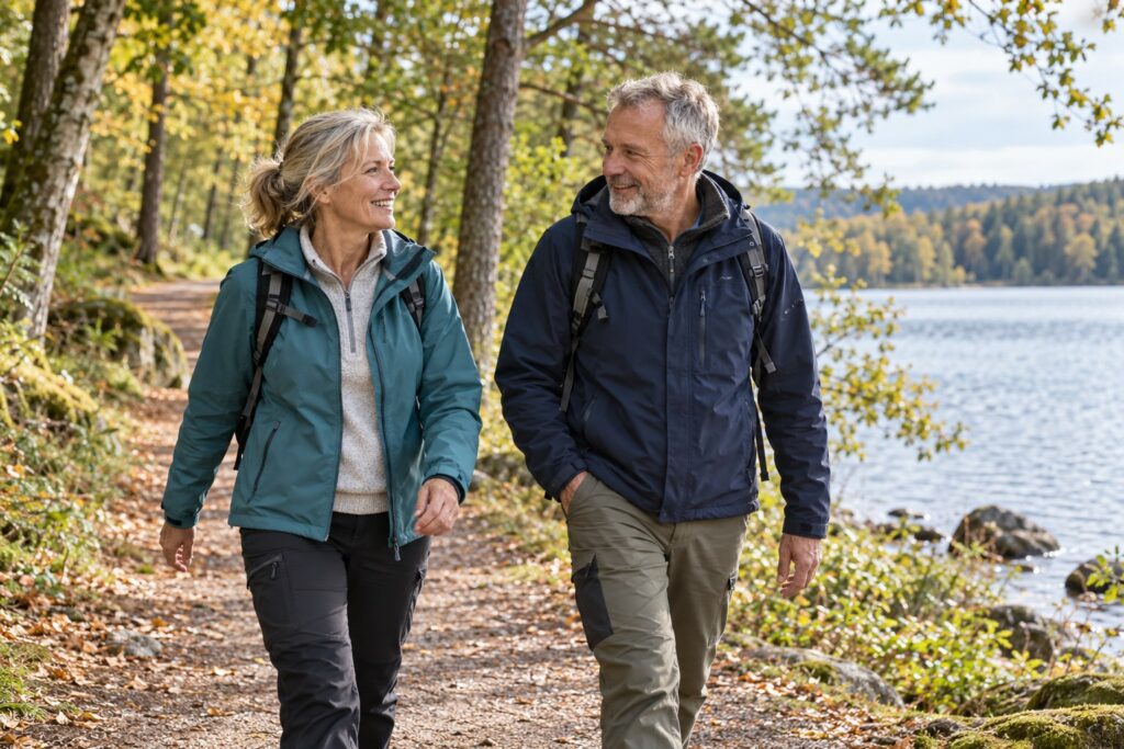Kvinde og mand over 50 nyder en aktiv date på en sti ved en sø